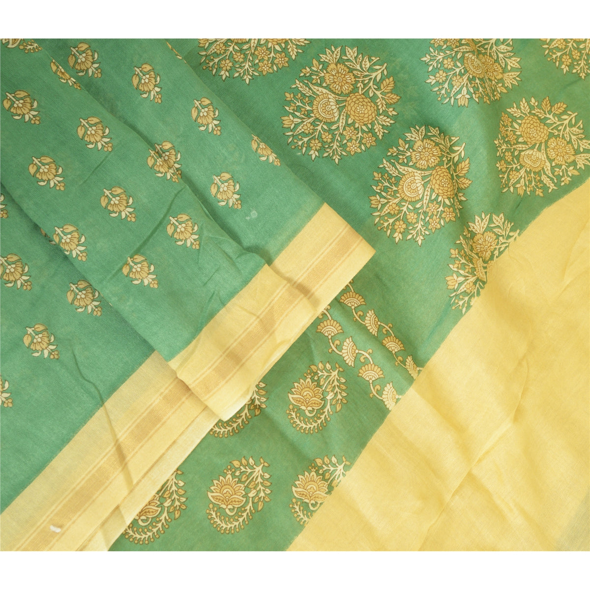 Sanskriti Vintage Block Printed-Woven Cotton Silk Dupatta Long Stole Green Veil