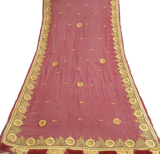 Sanskriti Vintage Long Dark Red Dupatta/Stole Pure Chiffon Silk Hand Beaded Veil