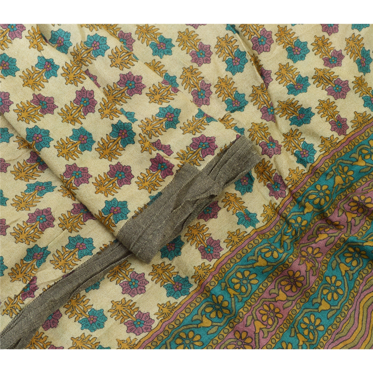 Sanskriti Vintage Block Print Pure Woolen Long Dupatta Stole Ivory-Green Shawl