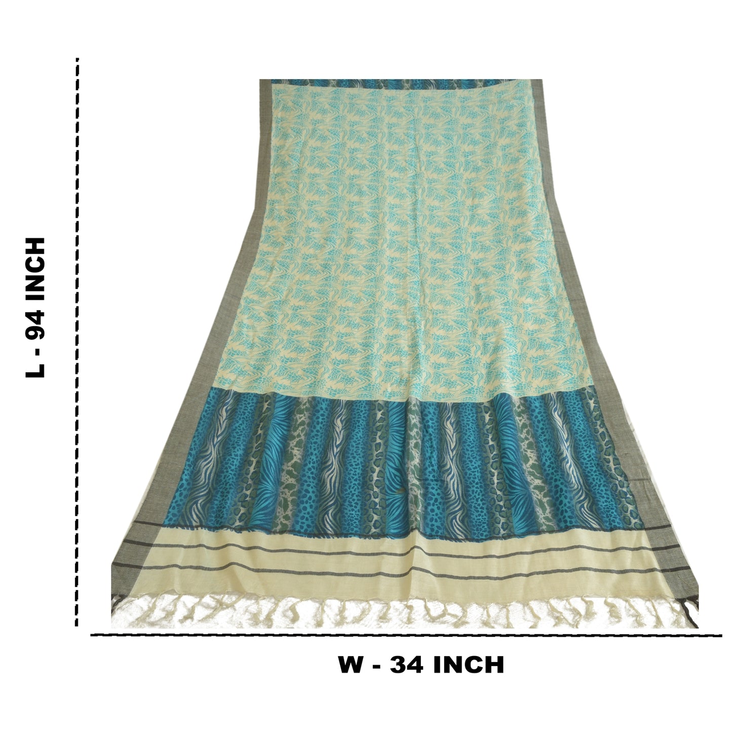 Sanskriti Vintage Ivory/Blue Long Dupatta Stole Pure Woolen Printed Wrap Shawl