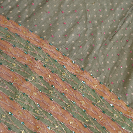 Sanskriti Vintage Long Green Dupatta/Stole Pure Chiffon Silk Hand Beaded Scarves