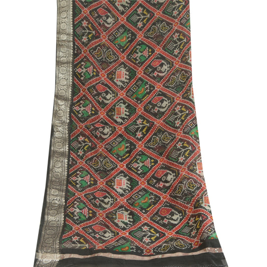 Sanskriti Vintage Black Long Dupatta Stole Pure Silk Black Patola Printed Veil