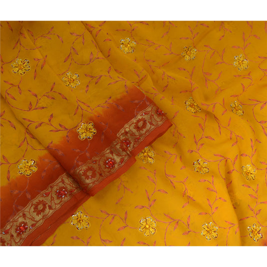 Sanskriti Vintage Long Yellow Dupatta/Stole Pure Georgette Silk Hand Beaded Veil
