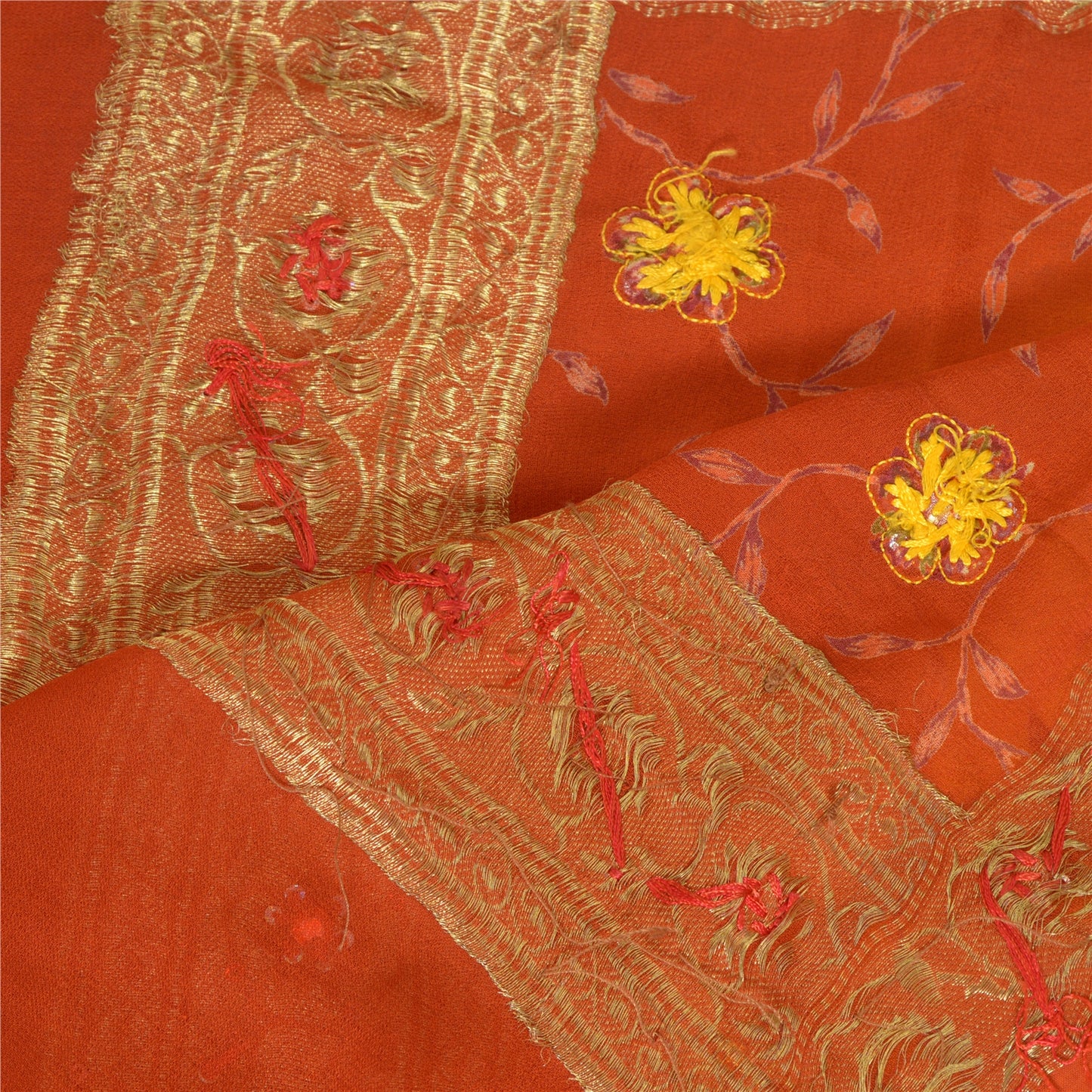 Sanskriti Vintage Long Yellow Dupatta/Stole Pure Georgette Silk Hand Beaded Veil