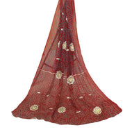 Sanskriti Vintage Long Dupatta Stole Pure Silk Dark Red Handmade Bandhani Gota