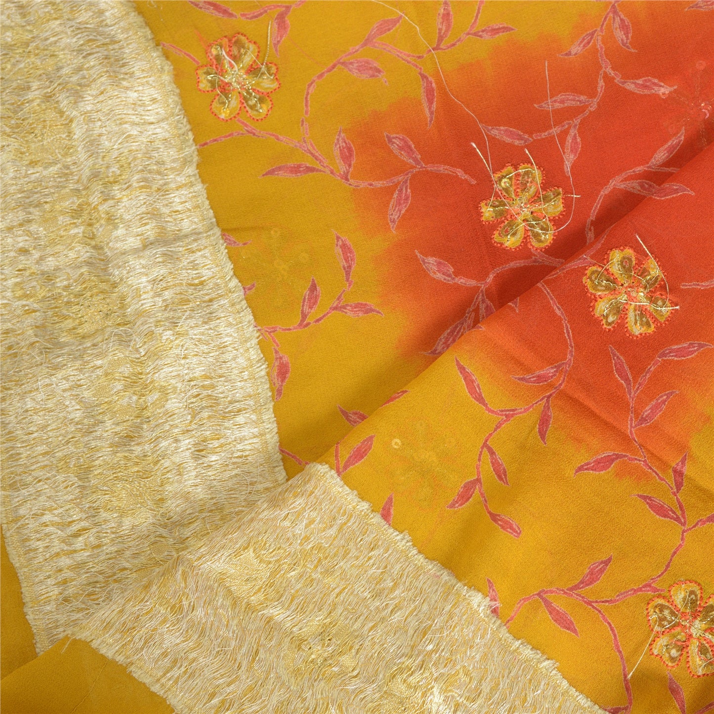 Sanskriti Vintage Long Red/Mustard Dupatta/Stole Pure Georgette Silk Hand Beaded