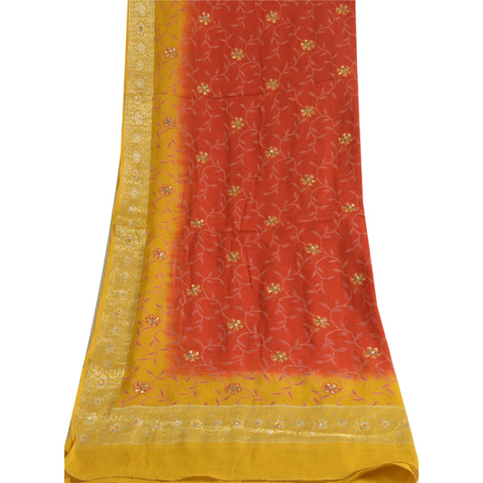 Sanskriti Vintage Long Red/Mustard Dupatta/Stole Pure Georgette Silk Hand Beaded