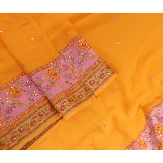 Sanskriti Vintage Long Yellow Dupatta/Stole Pure Georgette Silk Hand Beaded Veil