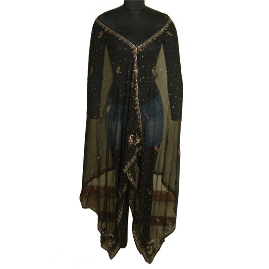 Sanskriti Vintage Long Black Dupatta/Stole Pure Chiffon Silk Hand Beaded Scarves