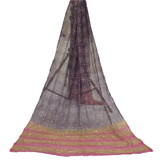 Sanskriti Vintage Dupatta Long Stole Pure Chiffon Silk Blue & Pink Hand Beaded