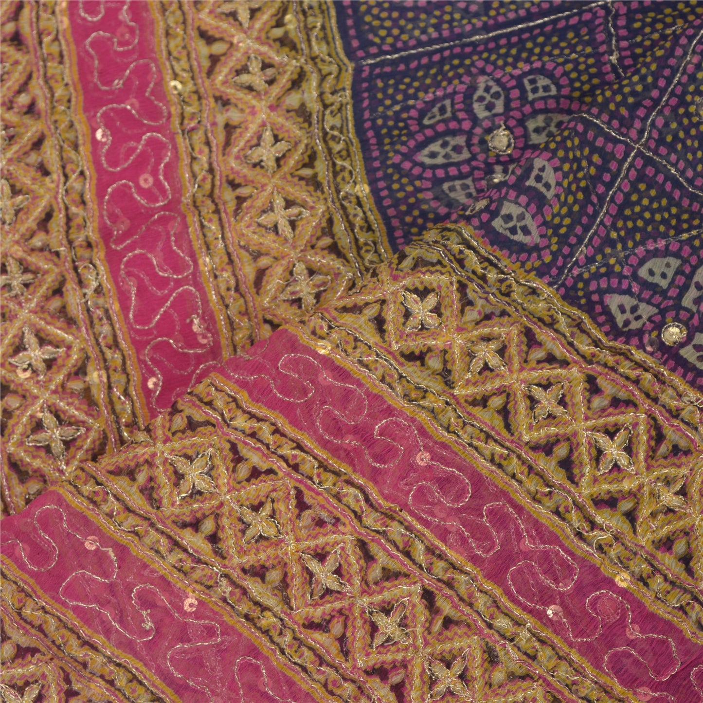 Sanskriti Vintage Dupatta Long Stole Pure Chiffon Silk Blue & Pink Hand Beaded