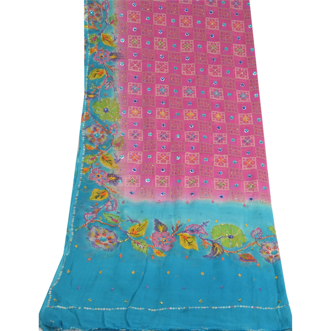 Sanskriti Vintage Dupatta Long Stole Pure Georgette Silk Blue/Pink Hand Beaded