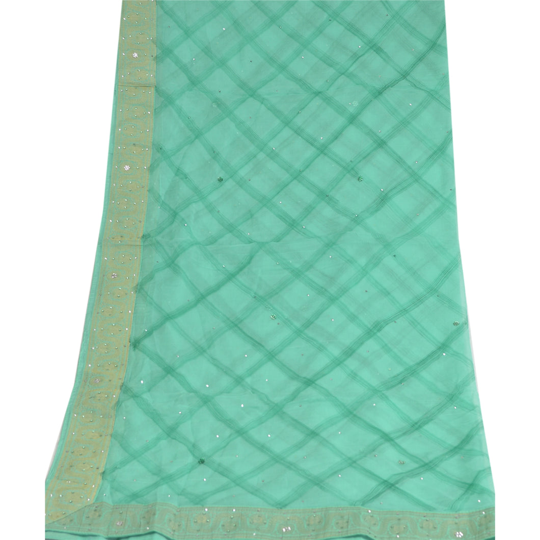 Sanskriti Vintage Dupatta Long Stole Pure Chiffon Silk Sea Green Hand Beads Veil