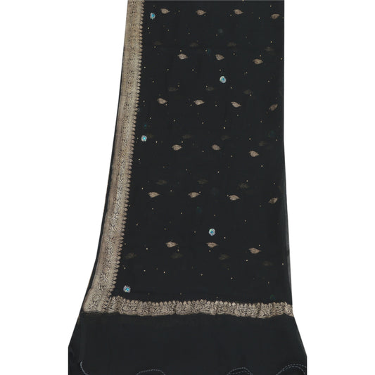 Sanskriti Vintage Lang Sort Dupatta Ren Chiffon Brokade Zari Vævet Perleslør
