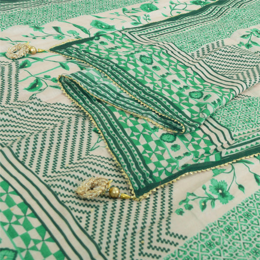 Sanskriti Vintage Long Dupatta Ivory/Green Pure Silk Sequins Printed Scarf Veil