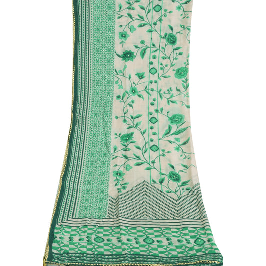 Sanskriti Vintage Long Dupatta Ivory/Green Pure Silk Sequins Printed Scarf Veil