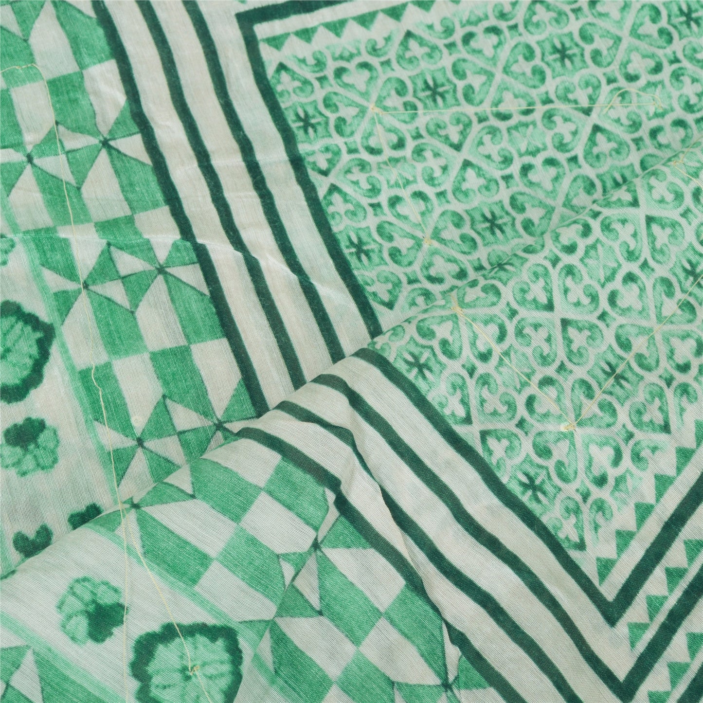 Sanskriti Vintage Long Dupatta Ivory/Green Pure Silk Sequins Printed Scarf Veil