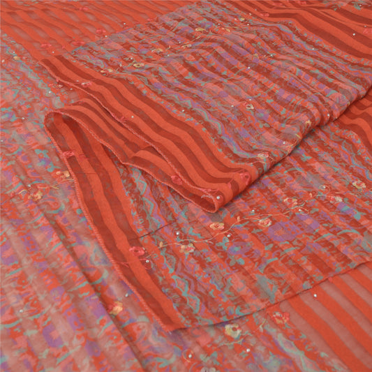 Sanskriti Vintage Long Saffron Dupatta Stole Pure Silk Hand Beaded Print Veil