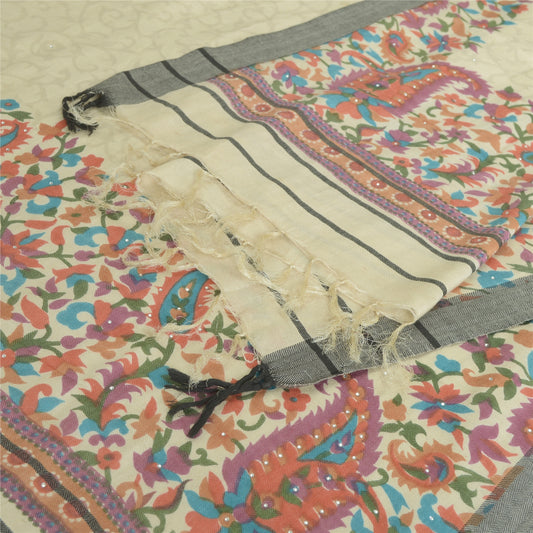 Sanskriti Vintage Long Ivory Dupatta Pure Woolen Printed Rhinestone Warm Stole