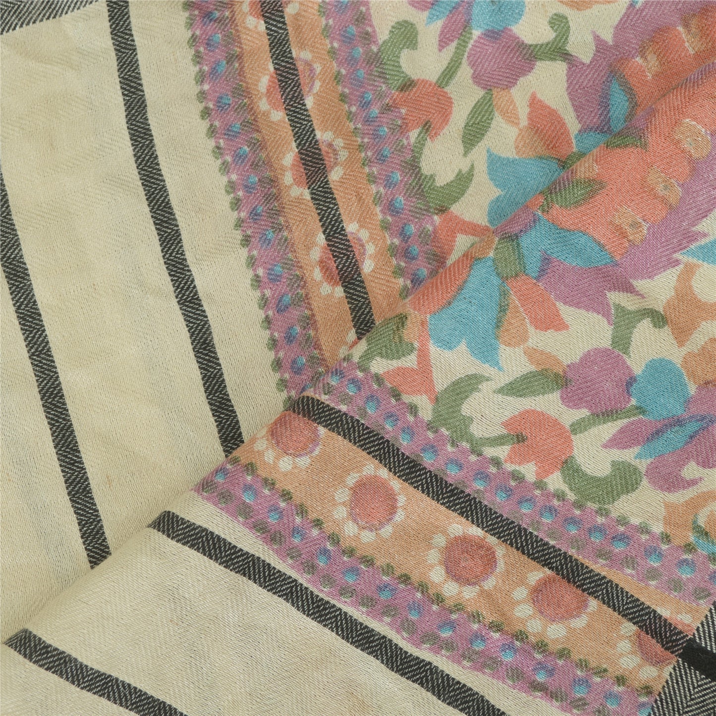 Sanskriti Vintage Long Ivory Dupatta Pure Woolen Printed Rhinestone Warm Stole