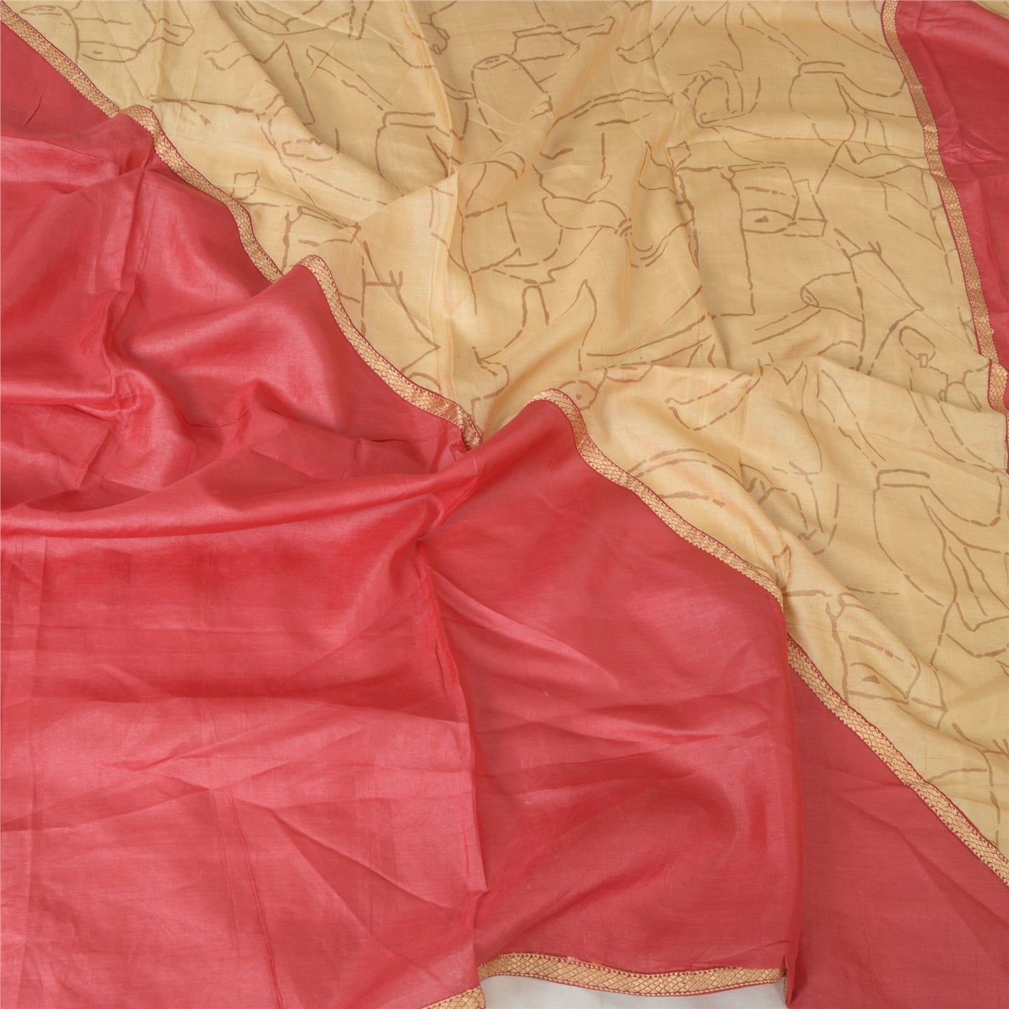 Sansrkiti Vintage Lang Stola Dupatta Rød/Creme Ren Silke Trykte Vævede Tørklæder