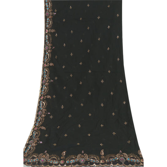 Sanskriti Vintage Long Indian Black Dupatta Chiffon Hand Beaded Zari Stole Veil