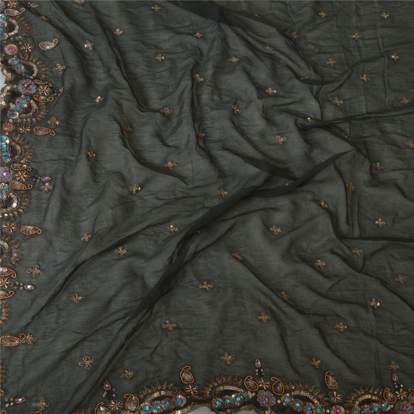 Sanskriti Vintage Long Indian Black Dupatta Chiffon Hand Beaded Zari Stole Veil