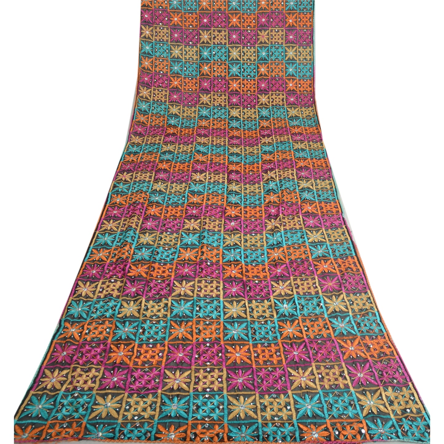 Sanskriti Vintage Long Black Dupatta Chiffon Bagh Phulkari Embroidered Scarf Panjab Of India upcycled Textile Scraps DIY Projects