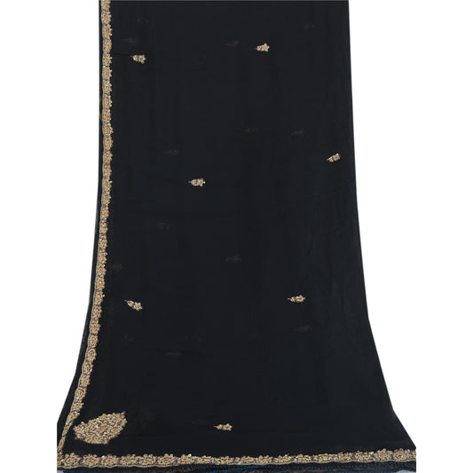 Sanskriti Vintage Black Dupatta Long Stole Pure Chiffon Hand Beaded Scarves/Veil
