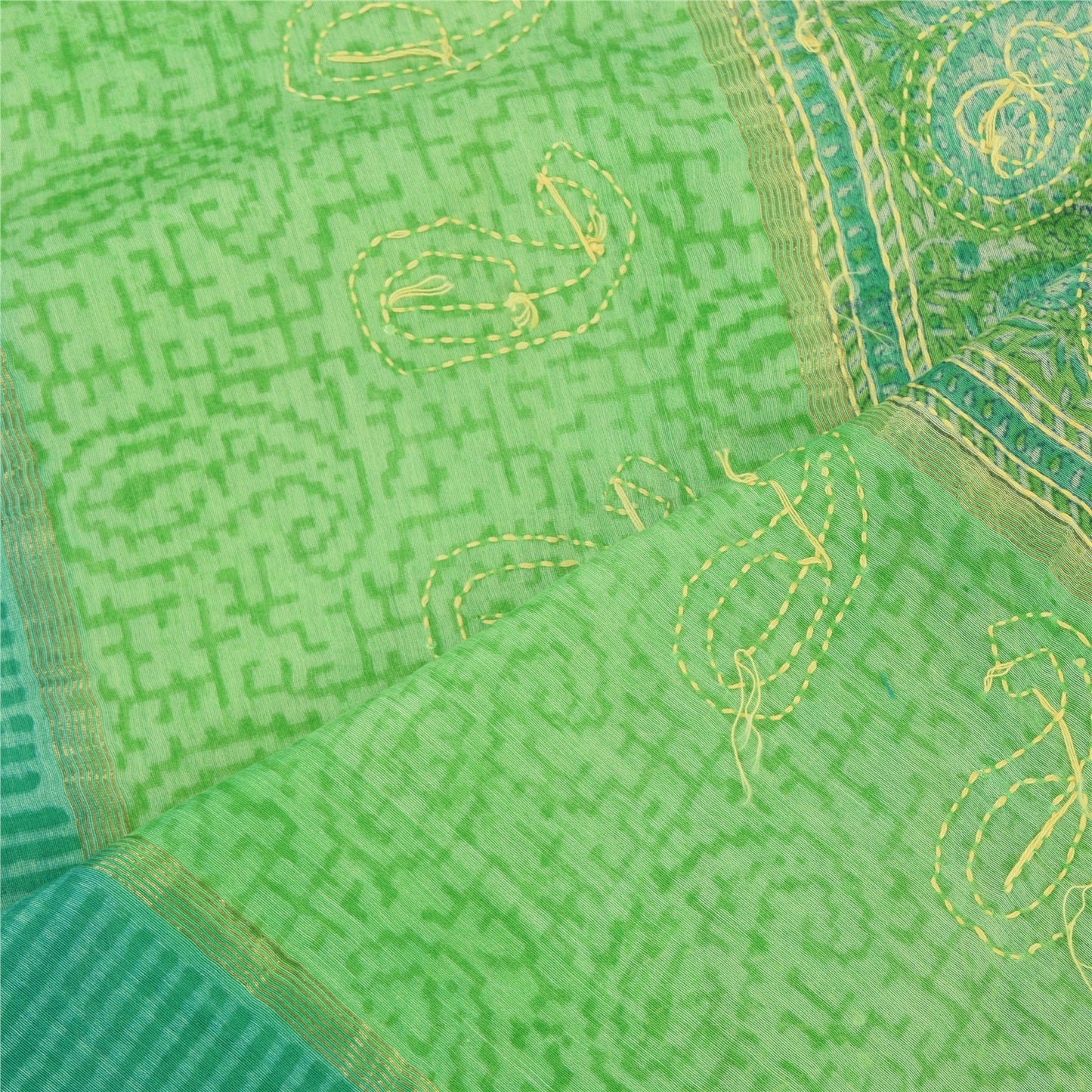 Санскрити Винтаж Зеленый Дупатта Длинный Палантин Чистый Хлопок Ручной Работы Кантха Шарфы