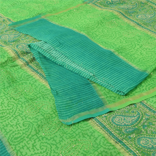 Sanskriti Vintage Green Dupatta Long Stole Pure Cotton Hand Made Kantha Scarves