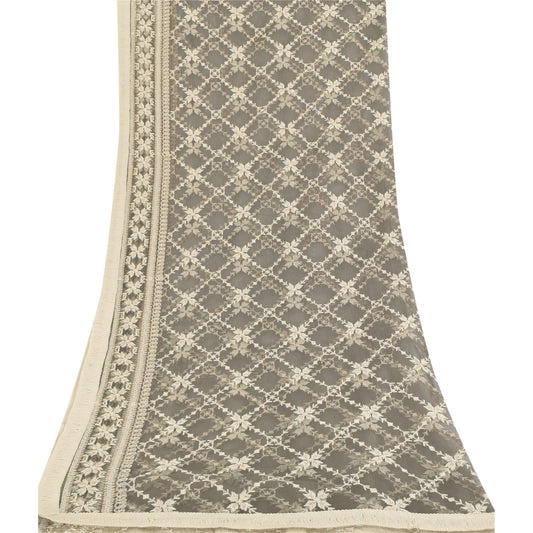 Sanskriti Vintage Grå Dupatta Lang Stola Net Mesh Broderet Premium Wrap Slør