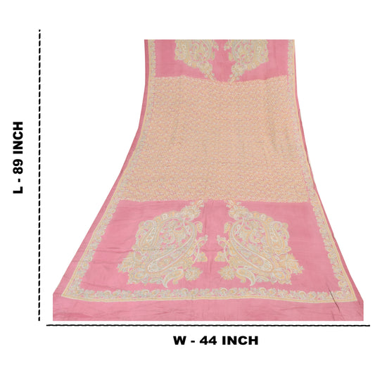 Sanskriti Vintage Pink Dupatta Long Stole Pure Crepe Handmade Kalamkari Paisley