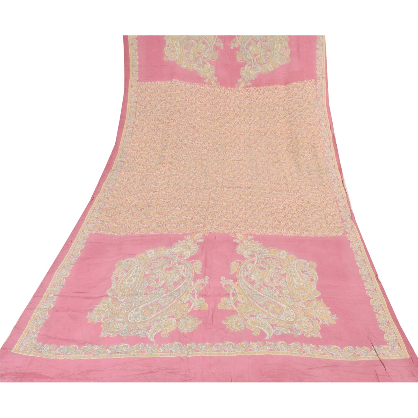 Sanskriti Vintage Pink Dupatta Long Stole Pure Crepe Handmade Kalamkari Paisley