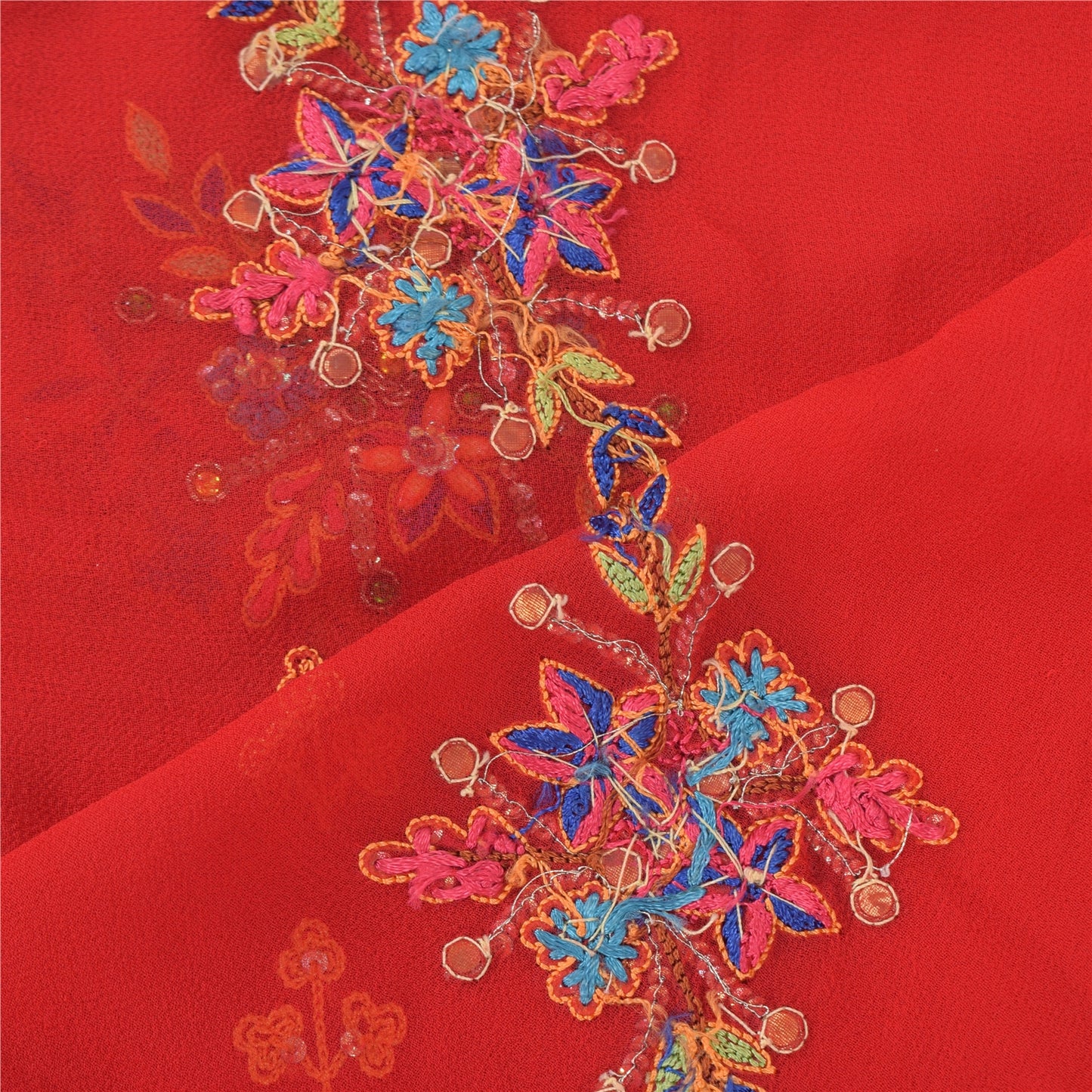 Sanskriti Vintage Red Dupatta Long Stole Pure Georgette Hand Beaded Wrap Scarves