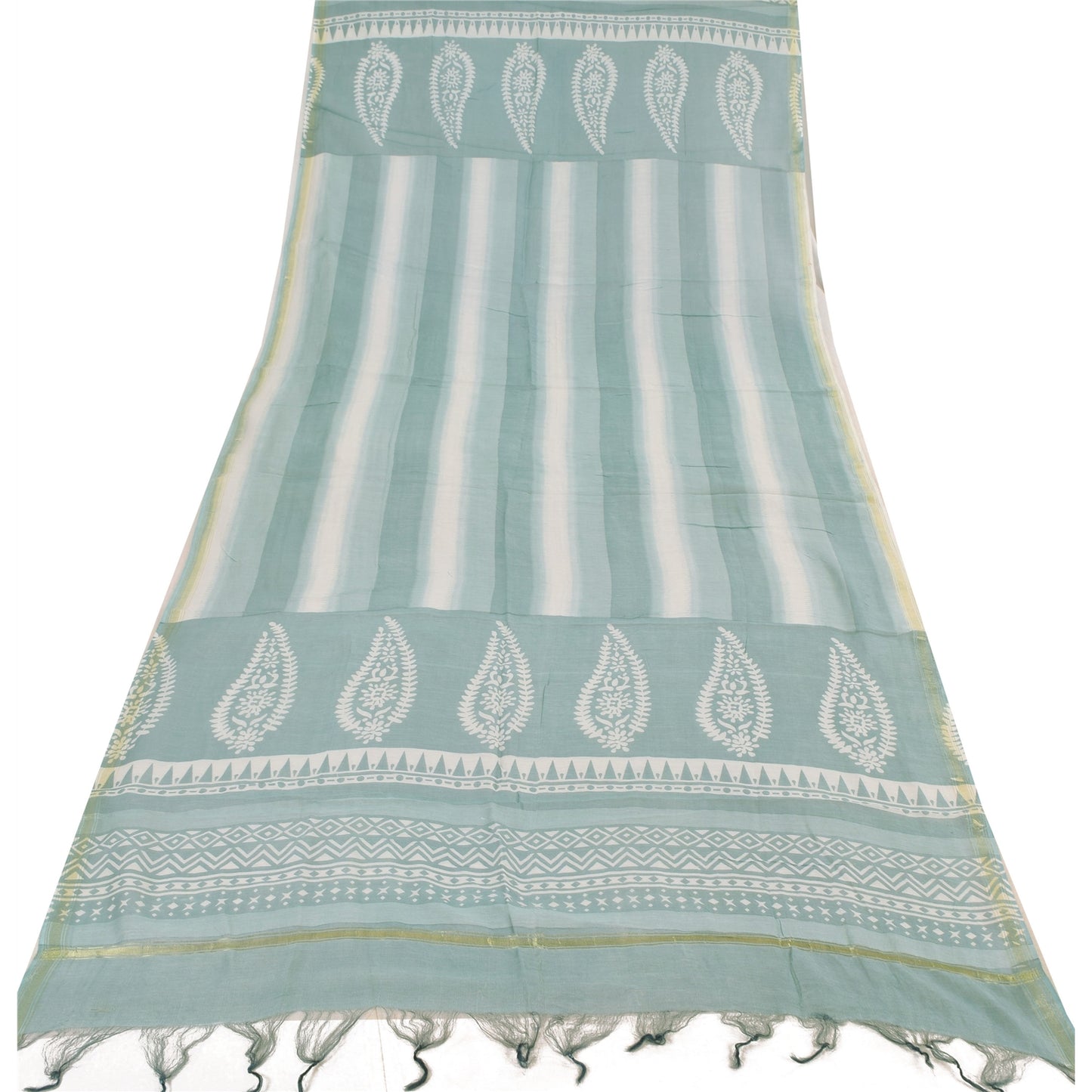 Sanskriti Vintage Lang Dupatta/Stole Ren Bomuld Blå/Elfenben Håndtrykt Bloktryk