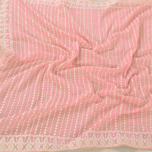 Sanskriti Vintage Long Dupatta/Stole Georgette Pink Hand Embroidered Scarf Veil