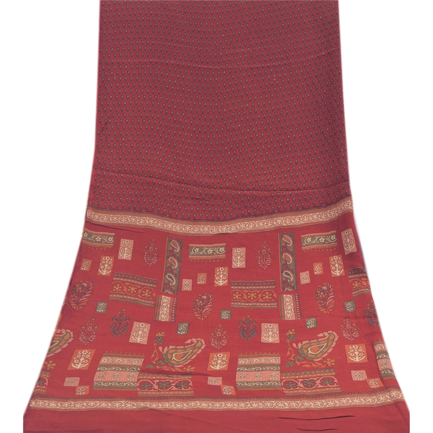 Sanskriti Vintage Long Dupatta/Stole Pure Crepe Silk Dark Red Printed Scarf Veil