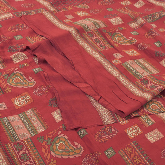 Sanskriti Vintage Long Dupatta/Stole Pure Crepe Silk Dark Red Printed Scarf Veil