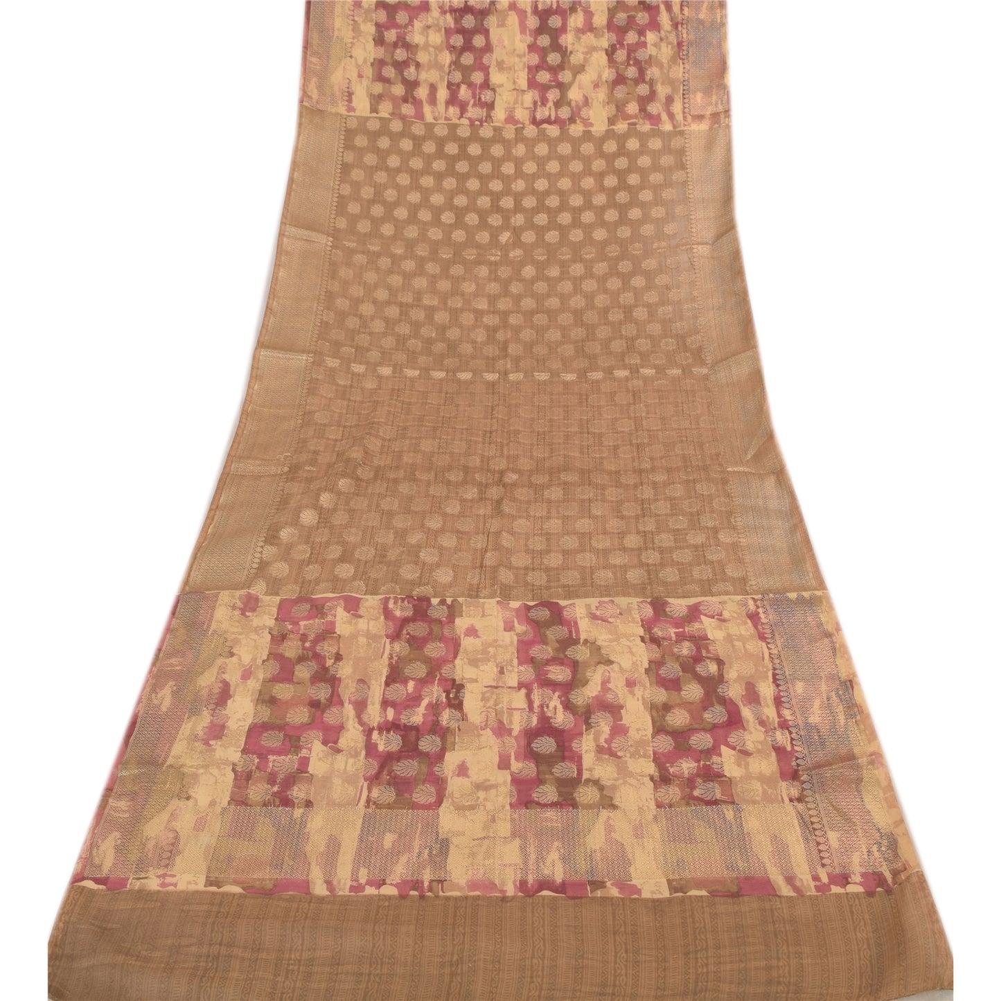 Sanskriti Vintage Brown Dupatta Long Scarf Blend Cotton Woven Floral Printed Wrap Veil upcycled Textile Scraps For Upcyclers & Crafters