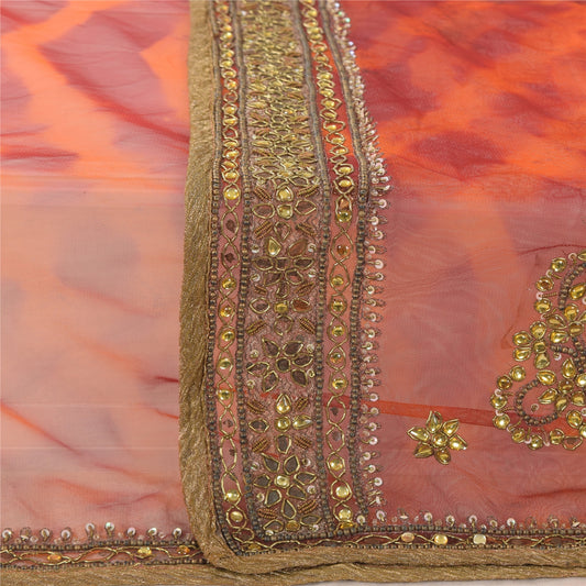 Sanskriti Vintage Orange Dupatta Long Stole Net Mesh Hand Beaded Leheriya tørklæde