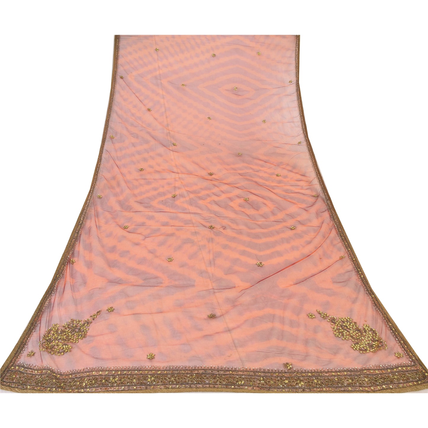 Sanskriti Vintage Orange Dupatta Long Stole Net Mesh Hand Beaded Leheriya tørklæde