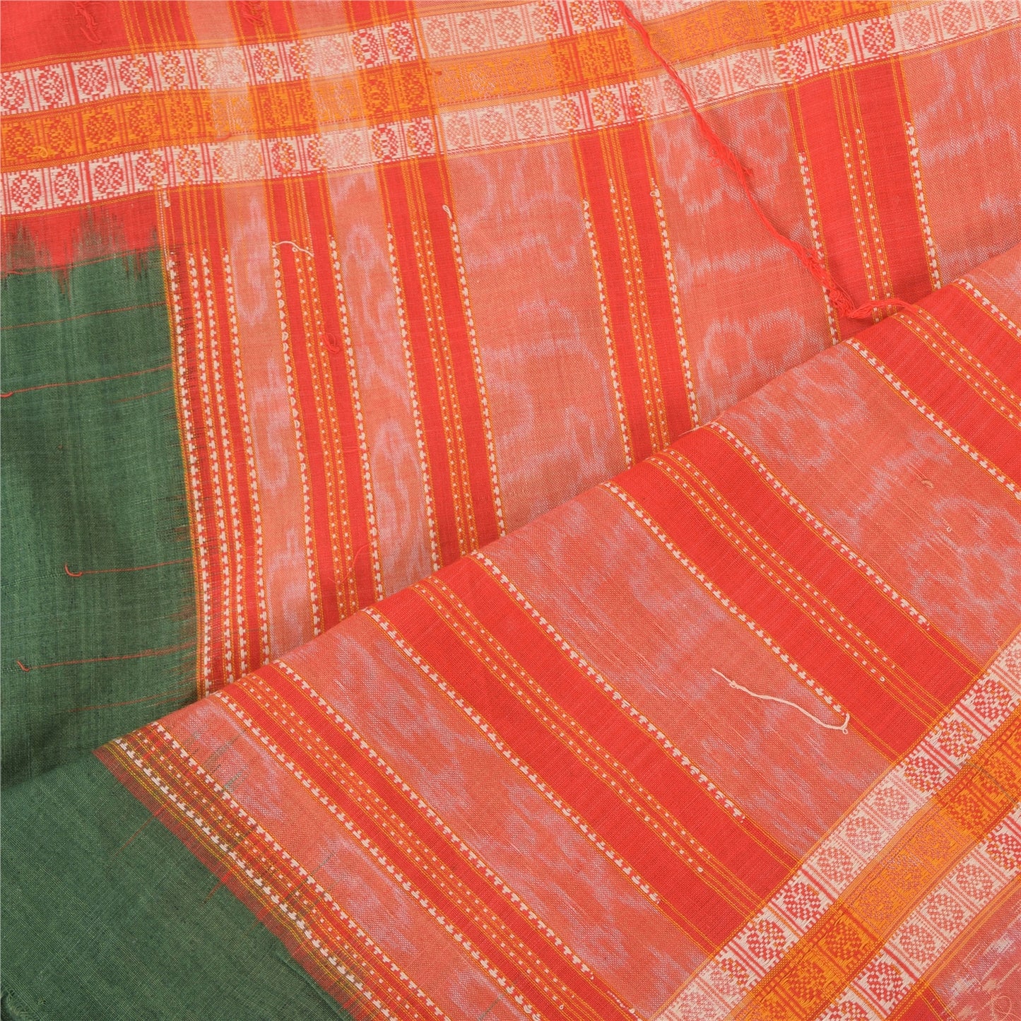 Sanskriti Vintage Long Dupatta/Stole Green/Orange Pure Cotton Printed Woven Veil