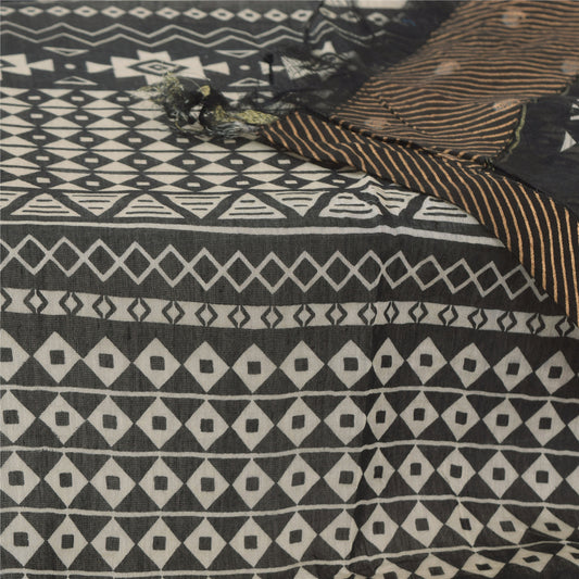 Sanskriti Vintage Long Dupatta/Stole Black Indian Pure Cotton Printed Scarf Veil