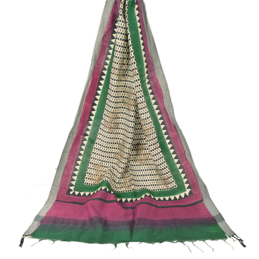 Sanskriti Vintage Cream Dupatta Long Stole Pure Cotton Block Printed Wrap Hijab