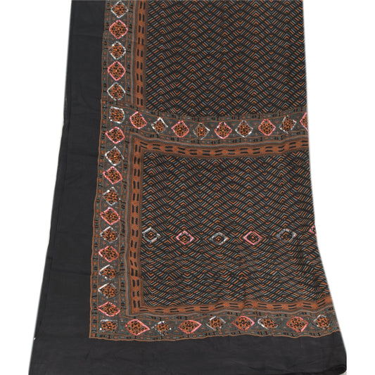 Sanskriti Vintage Sort Dupatta Lang Stola Ren Silke Broderet Trykt Tørklæder