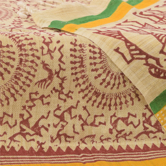 Sanskriti Vintage Cream Dupatta Long Stole Pure Cotton Hand Printed Warli Hijab