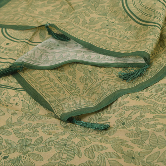 Sanskriti Vintage Long Dupatta/Stole Pure Green/Cream Kalamkari Printed Veil