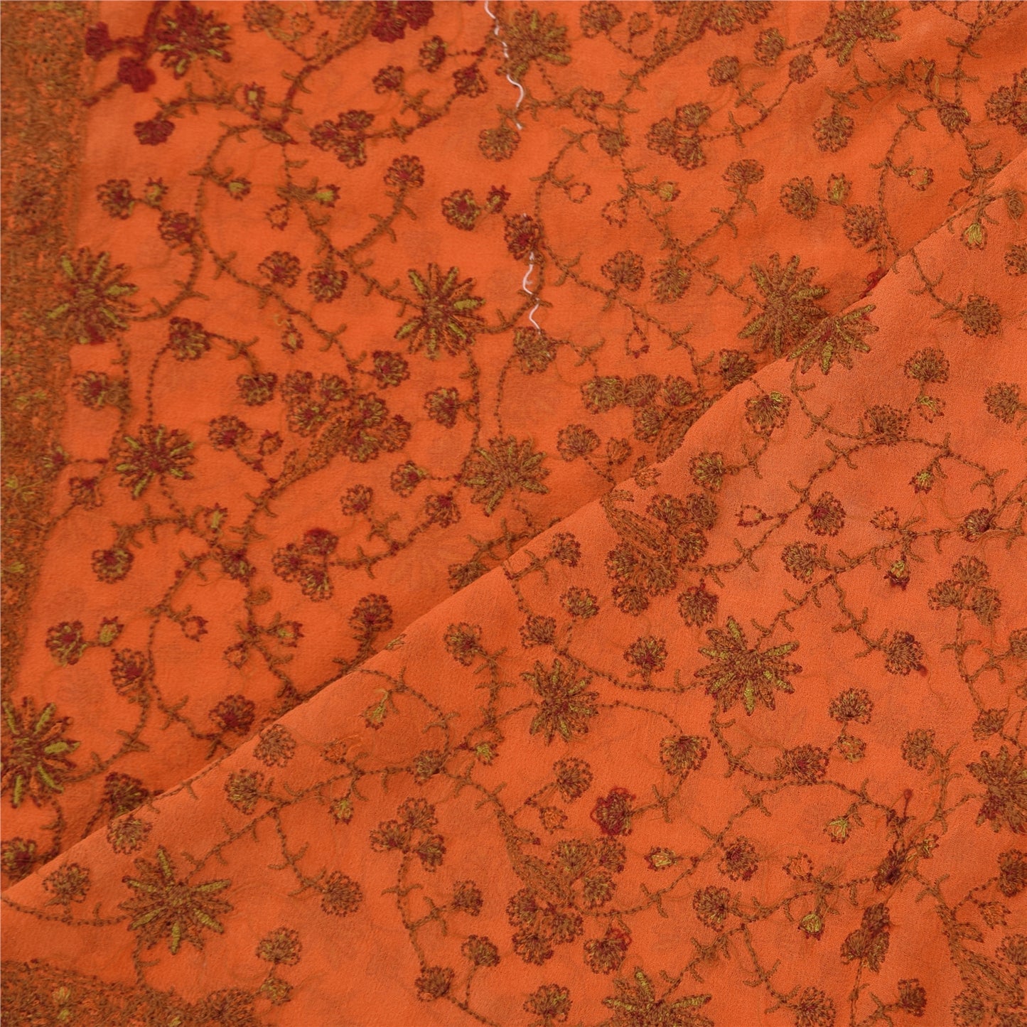 Sanskriti Vintage Long Dupatta/Stole Pure Georgette Saffron Embroidered Ari Work