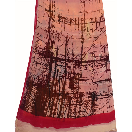 Sanskriti Vintage Ivory/Pink Dupatta Long Stole Pure Georgette Printed Wrap Veil